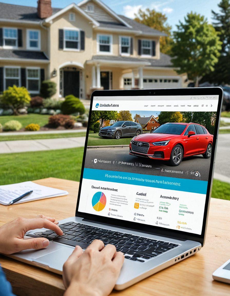 A split-screen image showing a person comparing car insurance estimates on a laptop, with colorful graphs and charts alongside a serene neighborhood street filled with cars. The left side displays the digital interface of an insurance comparison website, while the right side showcases the cars parked in a drive, symbolizing real choices. Add a warm, inviting atmosphere to convey trust and clarity. vibrant colors. super-realistic.