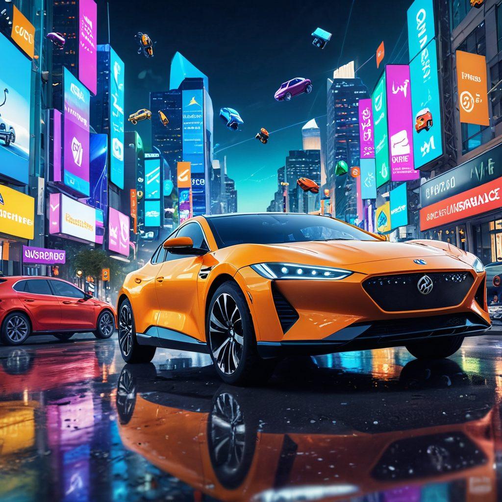 A visually striking scene depicting a person joyfully exploring various car insurance options and discounts on a futuristic digital interface, with colorful icons representing savings and automobiles floating around. The background should show a bright cityscape, symbolizing opportunities and choices. Emphasize a sense of optimism and adventure as they navigate through options. super-realistic. vibrant colors. 3D.