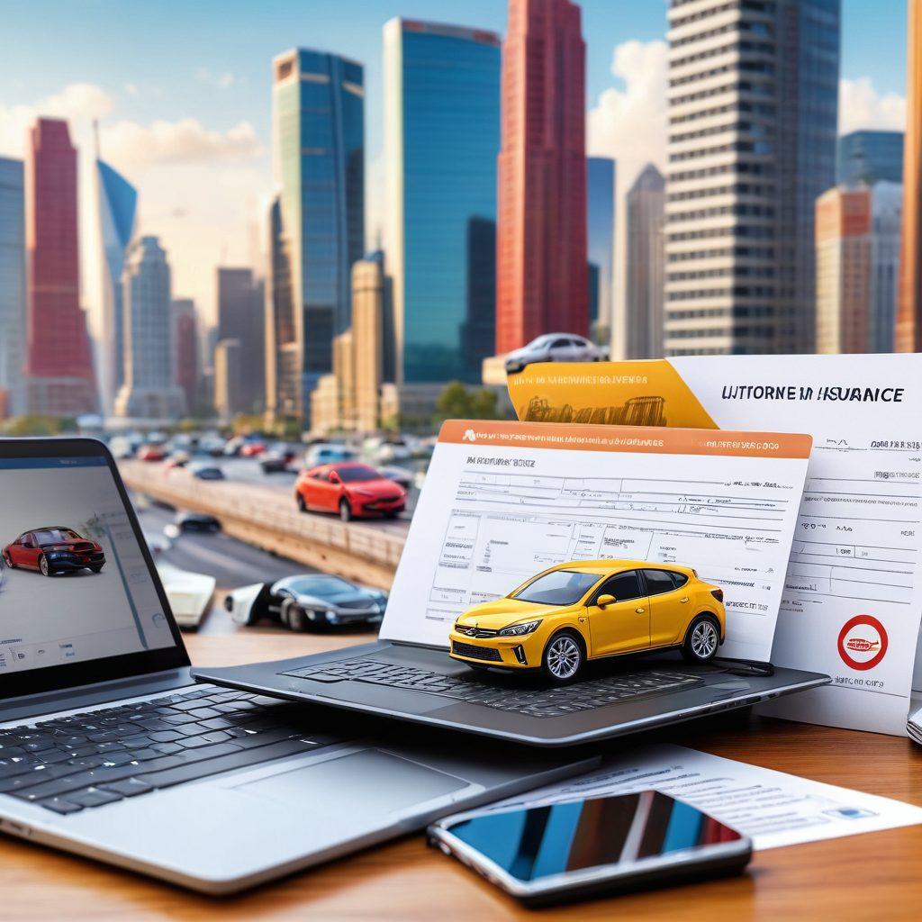A well-organized workspace featuring a laptop displaying an automobile insurance comparison website, surrounded by vehicle models, insurance documents, and a cup of coffee. The background showcases a city skyline and a variety of cars, symbolizing the diverse options in automobile insurance. The scene is bright and inviting, emphasizing clarity and professionalism. vibrant colors. super-realistic.